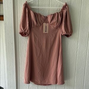 New Missguided Pink Puff Sleeve Off-Shoulder Mini Milkmaid Skater Dress sz 4